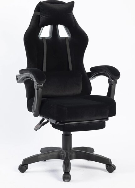 Scaun gaming, masaj în perna lombară, suport picioare, negru, catifea