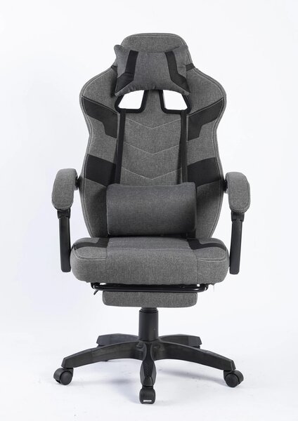 Scaun gaming, suport lombar cu masaj, rabatabil, suport picioare, material textil, Gri