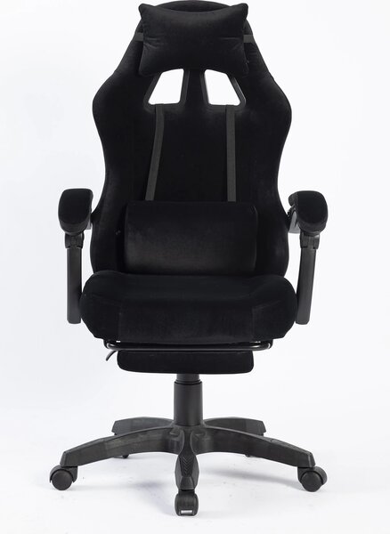 Scaun gaming, masaj în perna lombară, suport picioare, negru, catifea