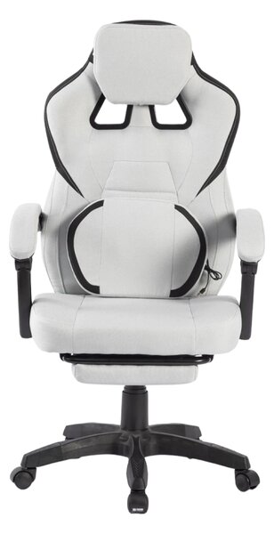 Scaun gaming, suport lombar cu masaj, rabatabil 90°-135°, suport picioare, material textil respirabil, Gri deschis