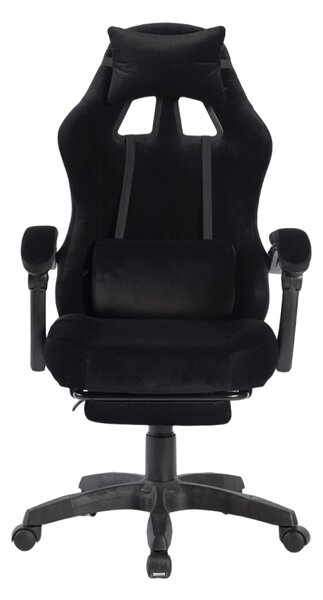 Scaun gaming, masaj în perna lombară, suport picioare, negru, catifea