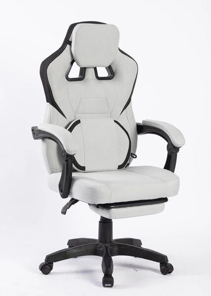 Scaun gaming, suport lombar cu masaj, rabatabil 90°-135°, suport picioare, material textil respirabil, Gri deschis