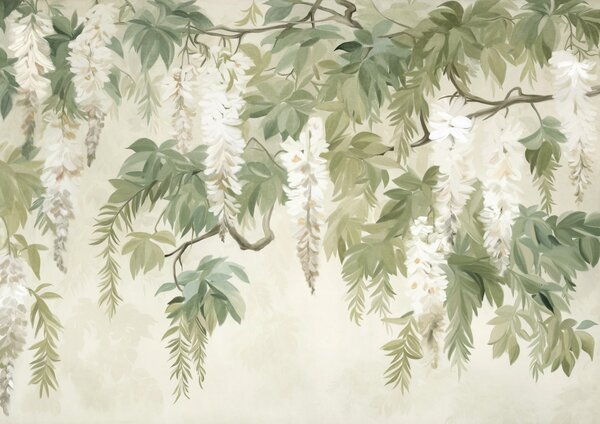 Tapet Wisteria ramuri cu flori albe și frunze verzi, fundal verde, texturat stil pictura de epocă, Fototapet Natură, w09375 : Uwalls.ro