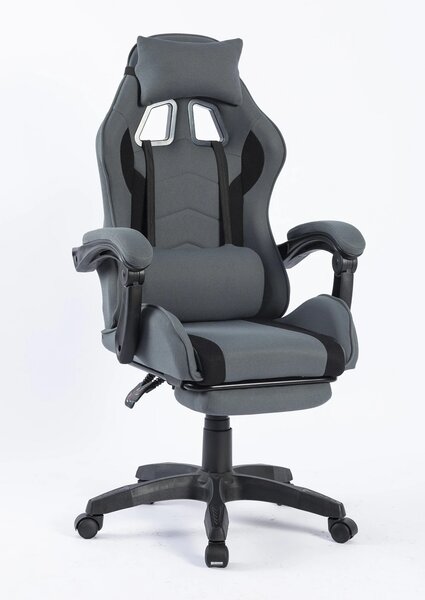 Scaun gaming, masaj în perna lombară, suport picioare, textil, Gri