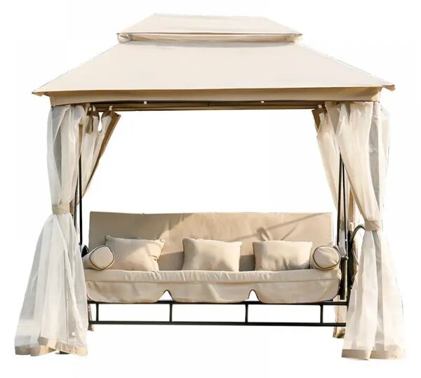 Foisor de gradină cu balansoar, canapea 3 locuri, pavilion gradina cu plasa tantari, cadru metalic, 252x175x250 cm, Bej