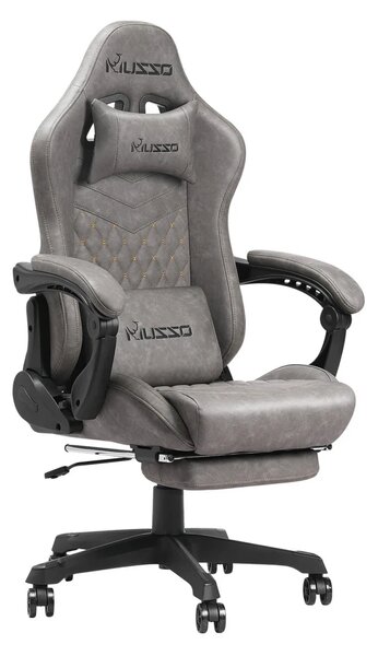 Scaun gaming ergonomic MUSSO 280FG Seria Shark, suport lombar, tetieră, suport pentru picioare, pivotant, mărimea XL, piele PU, Gri