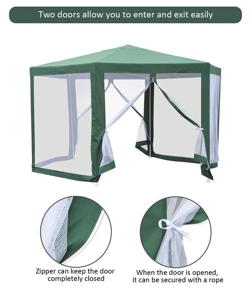 Cort pavilion hexagonal pentru gradina, cu pereti tip plasa de tantari, Verde