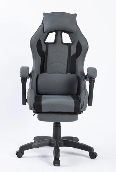 Scaun gaming, masaj în perna lombară, suport picioare, textil, Gri