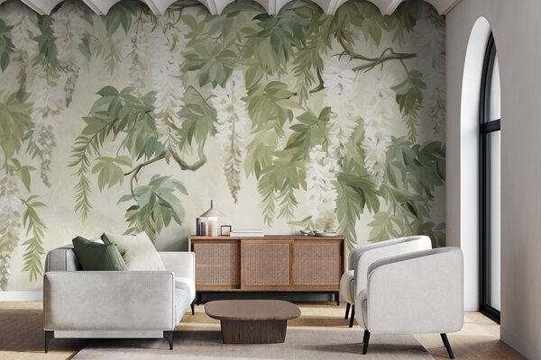 Tapet Wisteria ramuri cu flori albe și frunze verzi, fundal verde, texturat stil pictura de epocă, Fototapet Natură, w09375 : Uwalls.ro