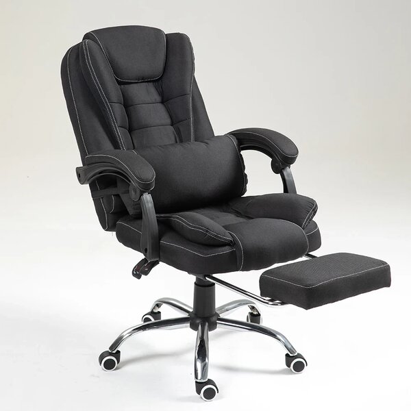 Scaun directorial, perna lombara cu masaj in 2 puncte, spatar rabatabil, suport pentru picioare, material textil, Negru