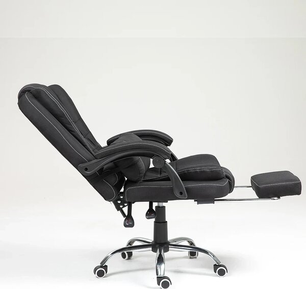 Scaun directorial, perna lombara cu masaj in 2 puncte, spatar rabatabil, suport pentru picioare, material textil, Negru