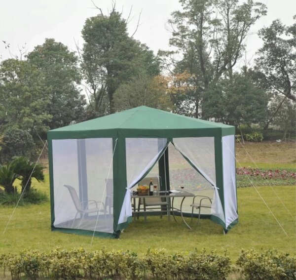 Cort pavilion hexagonal pentru gradina, cu pereti tip plasa de tantari, Verde