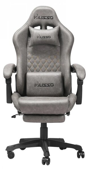 Scaun gaming ergonomic MUSSO 280FG Seria Shark, suport lombar, tetieră, suport pentru picioare, pivotant, mărimea XL, piele PU, Gri