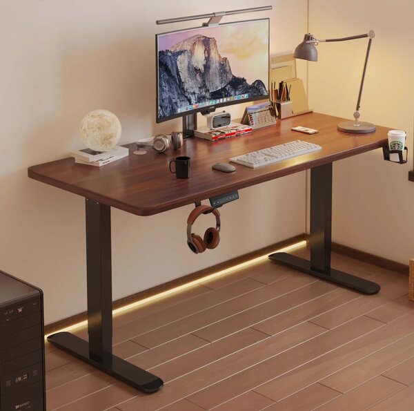 Birou reglabil în înălțime, două motoare electrice ridicare, suport caști, suport pahar, 120x60 cm, Nuc
