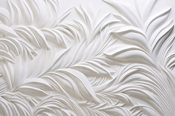 Tapet Frunze albe abstracte texturate și elemente florale, estetică minimalistă, Fototapet 3D, Fototapet 3D Frunze, w09378 : Uwalls.ro