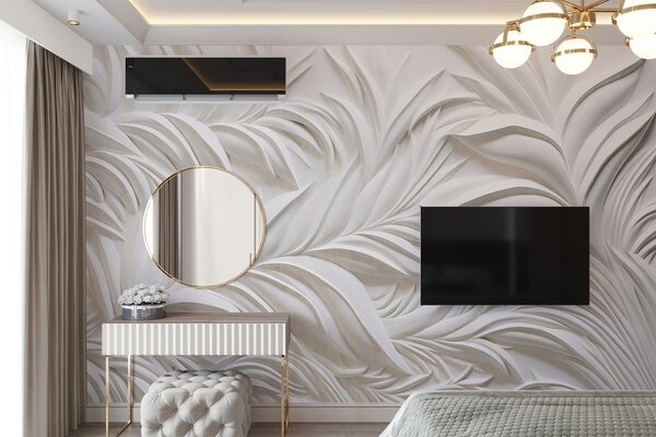 Tapet Frunze albe abstracte texturate și elemente florale, estetică minimalistă, Fototapet 3D, Fototapet 3D Frunze, w09378 : Uwalls.ro