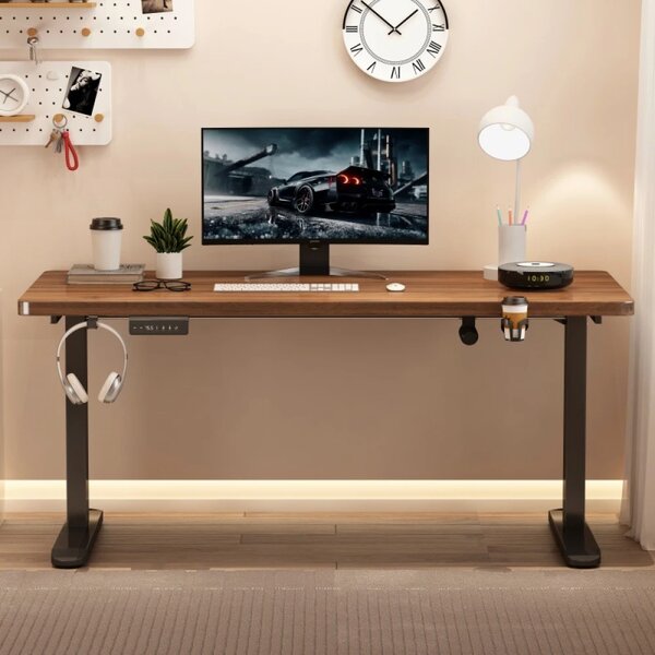 Birou reglabil în înălțime, două motoare electrice ridicare, suport caști, suport pahar, 120x60 cm, Nuc