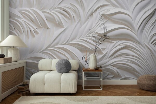 Tapet Frunze albe abstracte texturate și elemente florale, estetică minimalistă, Fototapet 3D, Fototapet 3D Frunze, w09378 : Uwalls.ro