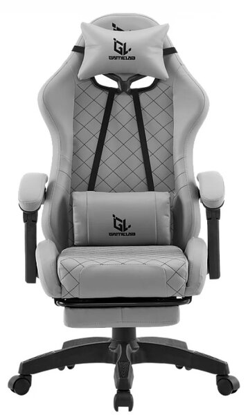 Scaun gaming, Masaj în perna lombară, suport picioare, piele PU, Gri