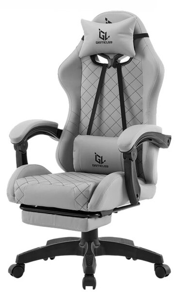 Scaun gaming, Masaj în perna lombară, suport picioare, piele PU, Gri