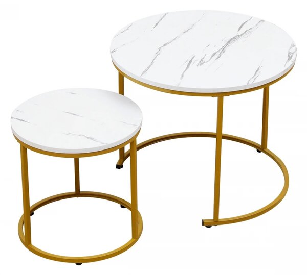 Set doua mese de cafea, design rotund, MDF, cadru metalic, Alb
