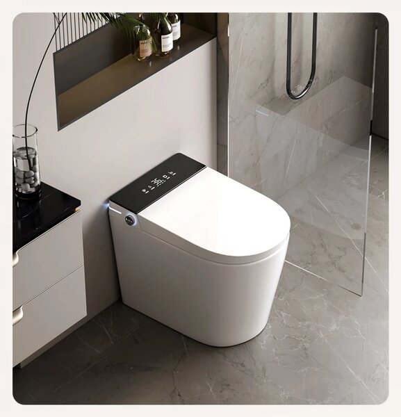 Smart WC 858 – Vas de Toaletă Inteligent cu Bideu, Sterilizare UV, Deschidere/Închidere automată, Senzor picior, Control inteligent al Temperaturii, Uscare aer cald, Iluminare de noapte, Afișaj LED, Telecomandă, Ceramică, Alb/Negru