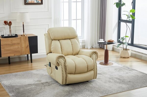 Fotoliu Masaj si Incalzire, Recliner, suport picioare extensibil, Air PU Premium, Bej deschis