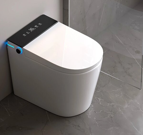 Smart WC 858 – Vas de Toaletă Inteligent cu Bideu, Sterilizare UV, Deschidere/Închidere automată, Senzor picior, Control inteligent al Temperaturii, Uscare aer cald, Iluminare de noapte, Afișaj LED, Telecomandă, Ceramică, Alb/Negru