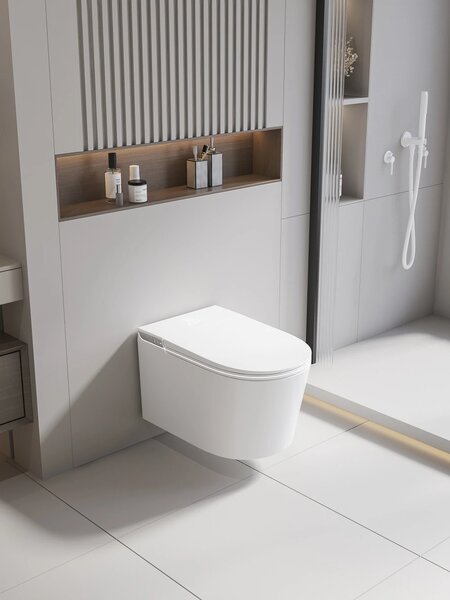 Smart WC 301 – Vas de Toaletă Inteligent cu Bideu, Sterilizare UV, Deschidere/Închidere automată, Senzor picior, Control inteligent al Temperaturii, Uscare aer cald, Iluminare de noapte, Afișaj LED, Telecomandă, Ceramică, Alb