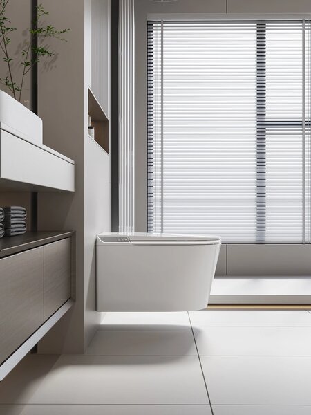 Smart WC 301 – Vas de Toaletă Inteligent cu Bideu, Sterilizare UV, Deschidere/Închidere automată, Senzor picior, Control inteligent al Temperaturii, Uscare aer cald, Iluminare de noapte, Afișaj LED, Telecomandă, Ceramică, Alb