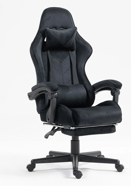 Scaun gaming, masaj în perna lombară, suport picioare, catifea, Negru