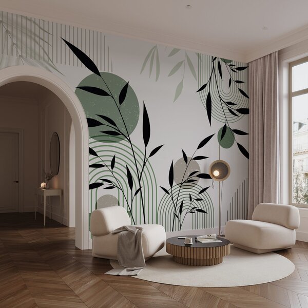 Tapet Imprimare abstractă texturată cu forme geometrice, cercuri și arcuri și plante negre și verzi pe un, Fototapet Geometrie, w09384 : Uwalls.ro