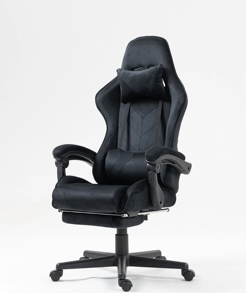 Scaun gaming, masaj în perna lombară, suport picioare, catifea, Negru