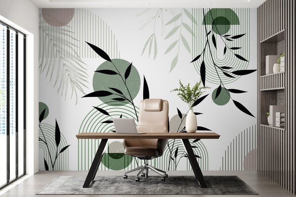 Tapet Imprimare abstractă texturată cu forme geometrice, cercuri și arcuri și plante negre și verzi pe un, Fototapet Geometrie, w09384 : Uwalls.ro