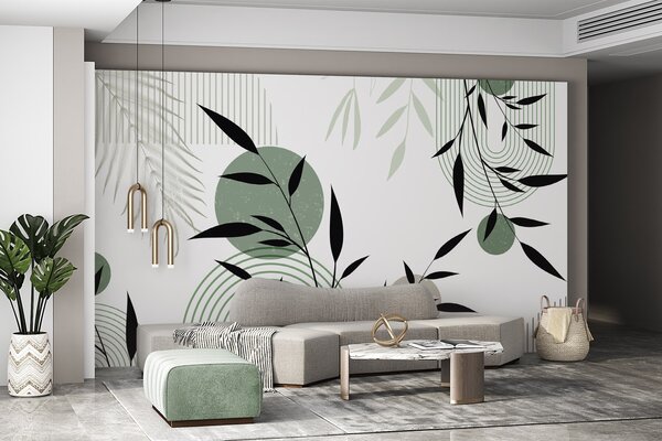 Tapet Imprimare abstractă texturată cu forme geometrice, cercuri și arcuri și plante negre și verzi pe un, Fototapet Geometrie, w09384 : Uwalls.ro