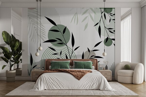 Tapet Imprimare abstractă texturată cu forme geometrice, cercuri și arcuri și plante negre și verzi pe un, Fototapet Geometrie, w09384 : Uwalls.ro