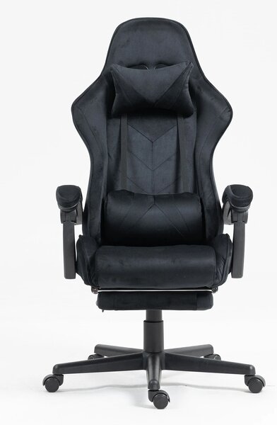 Scaun gaming, masaj în perna lombară, suport picioare, catifea, Negru