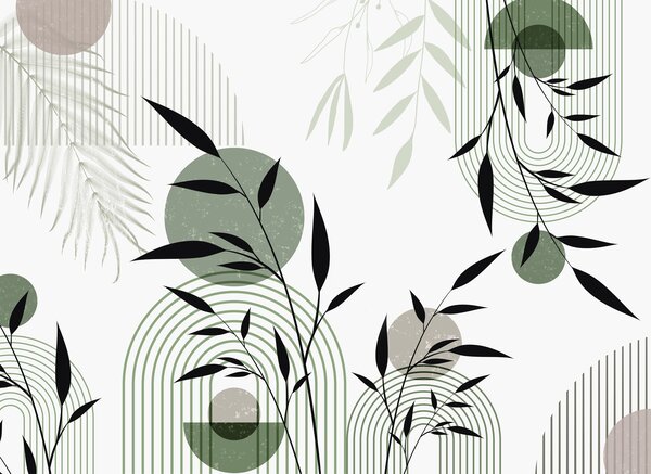 Tapet Imprimare abstractă texturată cu forme geometrice, cercuri și arcuri și plante negre și verzi pe un, Fototapet Geometrie, w09384 : Uwalls.ro