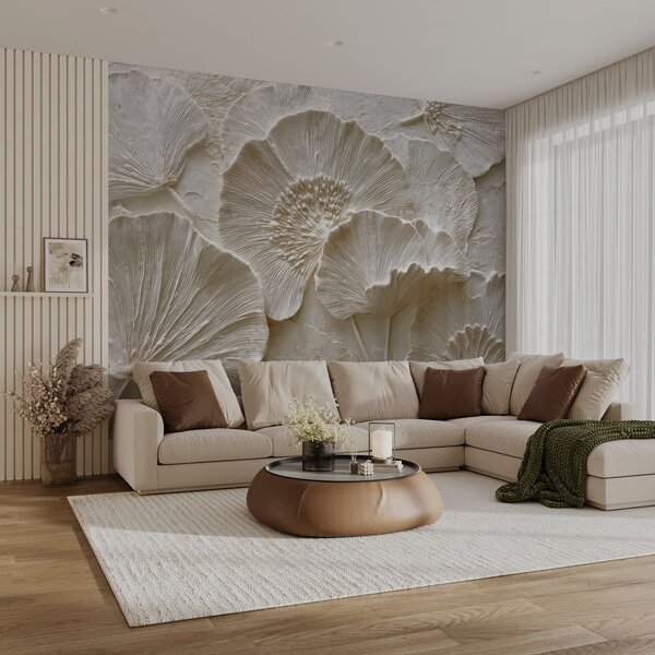 Tapet Frunze voluminoase de ginkgo într-un stil ușor în relief, Fototapet Natură, w04444 : Uwalls.ro