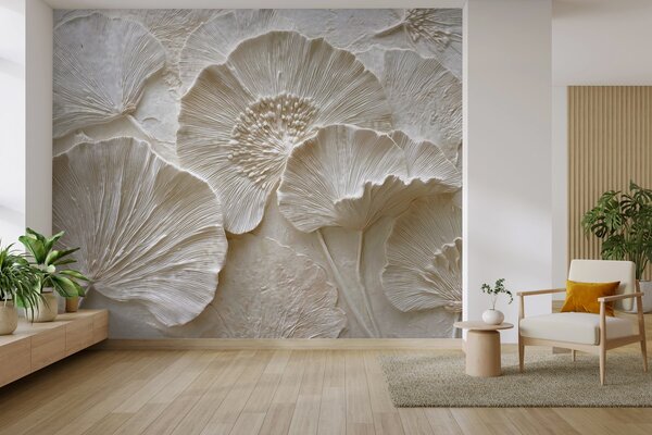Tapet Frunze voluminoase de ginkgo într-un stil ușor în relief, Fototapet Natură, w04444 : Uwalls.ro