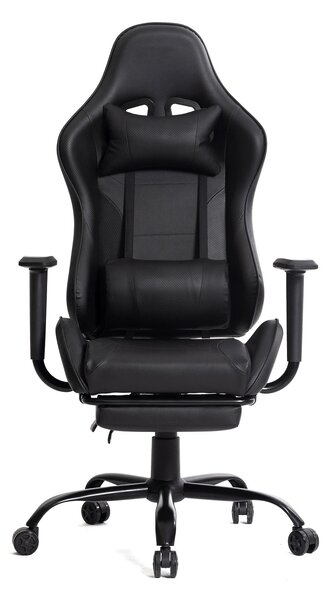 Scaun gaming, ergonomic, suport lombar cu masaj, spătar rabatabil 90-150°, suport pentru picioare, rezistent 150 kg, piele PU, Negru