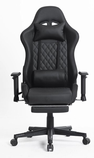 Scaun gaming cu sistem iluminare bandă LED RGB, cotiere 2D, Suport picioare, funcție sezlong, Negru