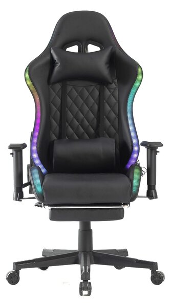 Scaun gaming cu sistem iluminare bandă LED RGB, cotiere 2D, Suport picioare, funcție sezlong, Negru
