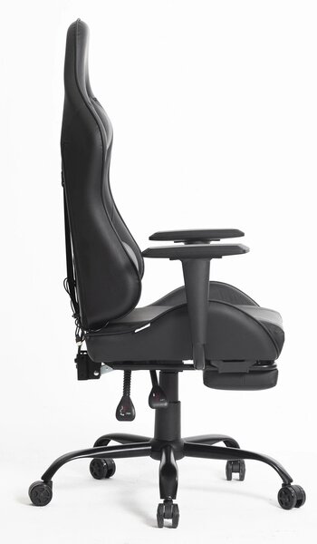 Scaun gaming, ergonomic, suport lombar cu masaj, spătar rabatabil 90-150°, suport pentru picioare, rezistent 150 kg, piele PU, Negru
