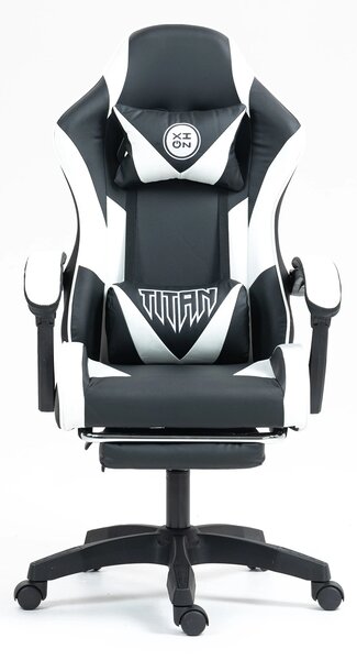 Scaun gaming, masaj în perna lombară, suport picioare, piele PU, Negru/Alb