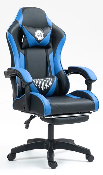 Scaun gaming, masaj în perna lombară, suport picioare, piele PU, Negru/Albastru