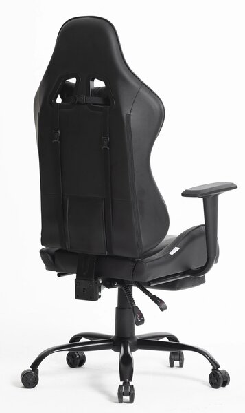 Scaun gaming, ergonomic, suport lombar cu masaj, spătar rabatabil 90-150°, suport pentru picioare, rezistent 150 kg, piele PU, Negru