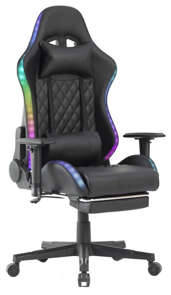 Scaun gaming cu sistem iluminare bandă LED RGB, cotiere 2D, Suport picioare, funcție sezlong, Negru