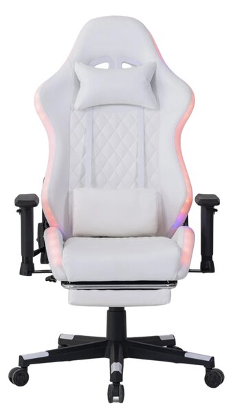 Scaun gaming cu sistem iluminare bandă LED RGB, cotiere 2D, Suport picioare, funcție sezlong, Alb