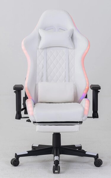 Scaun gaming cu sistem iluminare bandă LED RGB, cotiere 2D, Suport picioare, funcție sezlong, Alb